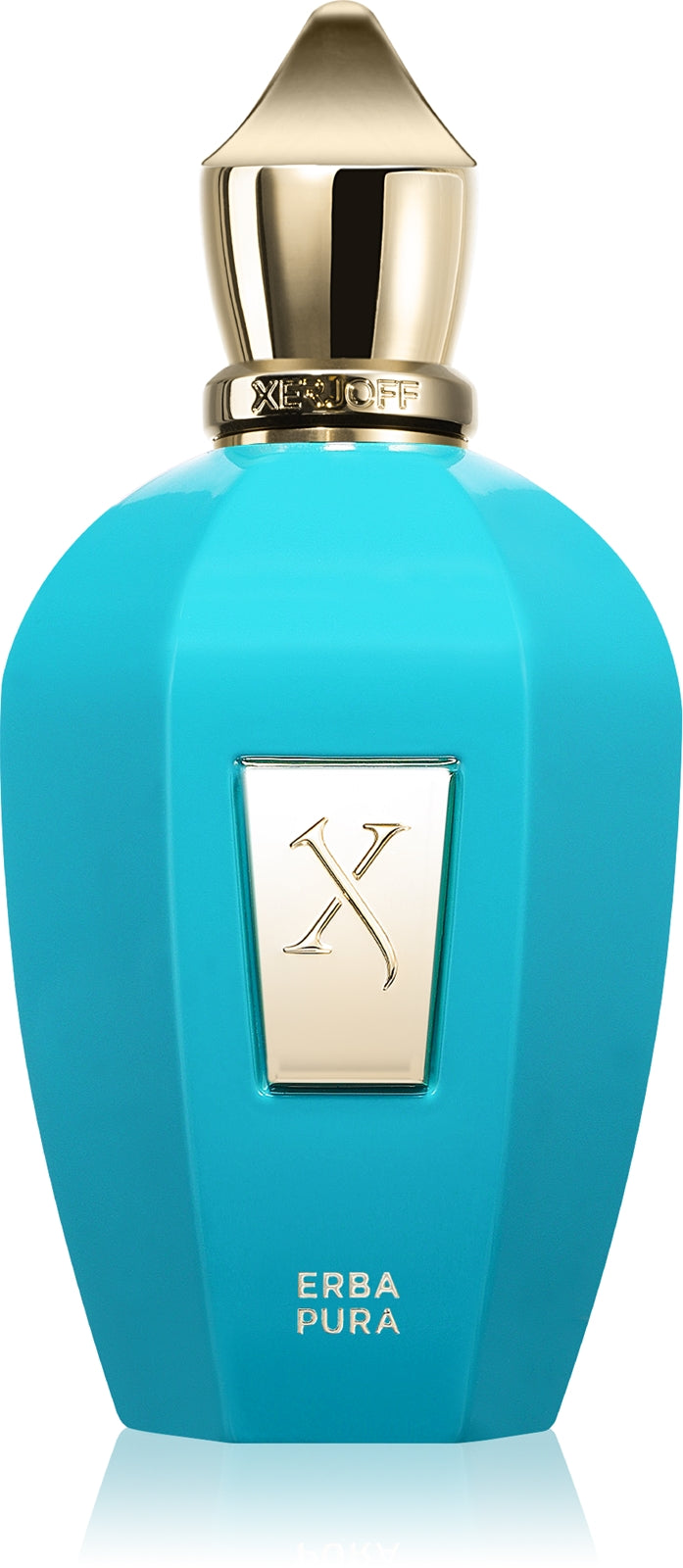 Blue perfume bottle with gold cap and 'X' logo on a white background
