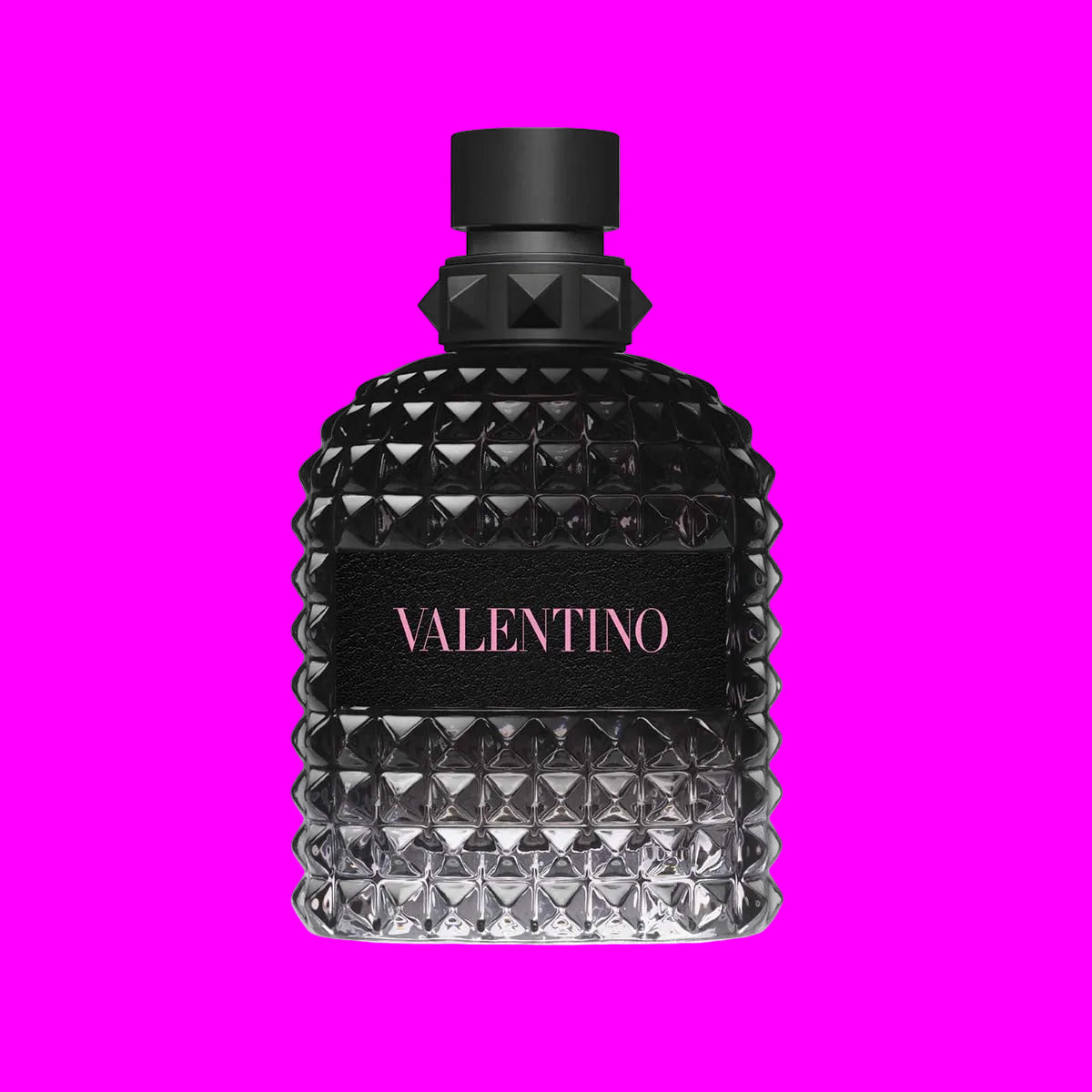 Valentino perfume bottle with black textured design on a white background