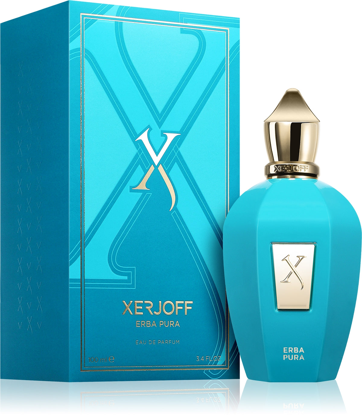 Turquoise Xerjoff perfume bottle and packaging on a white background